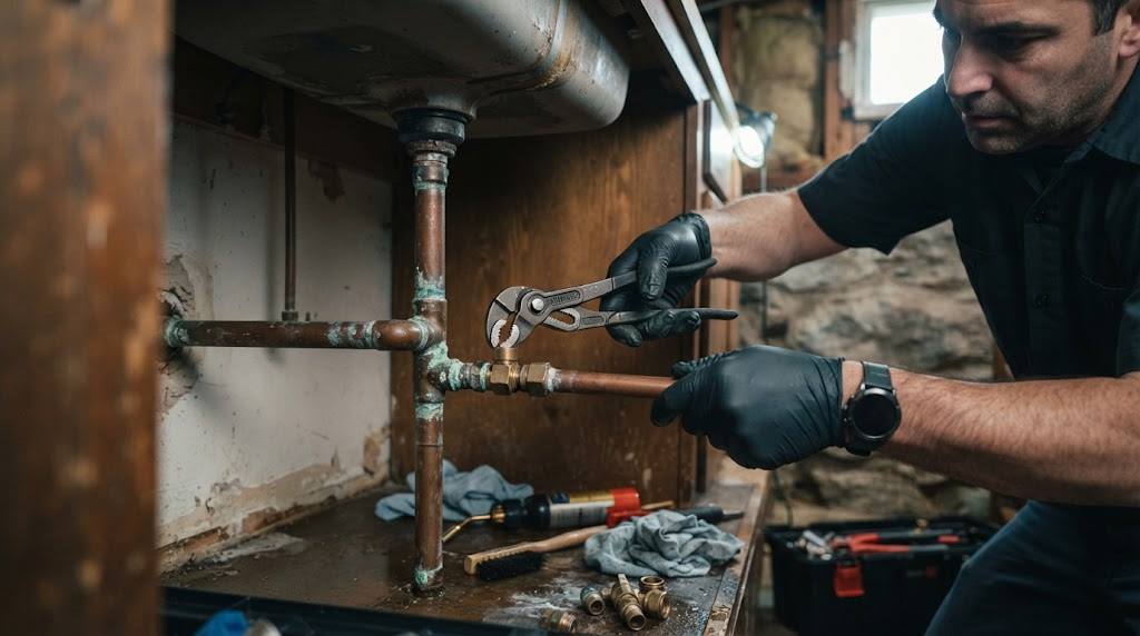 Technician detecting slab leak using acoustic ground microphone