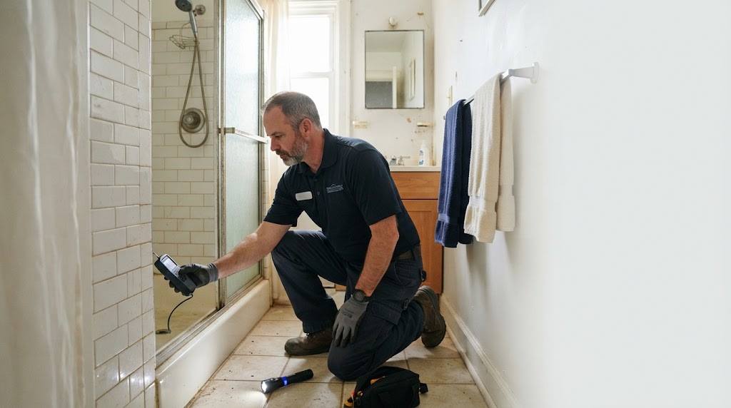 Technician inspecting hidden wall leak with acoustic and moisture sensors