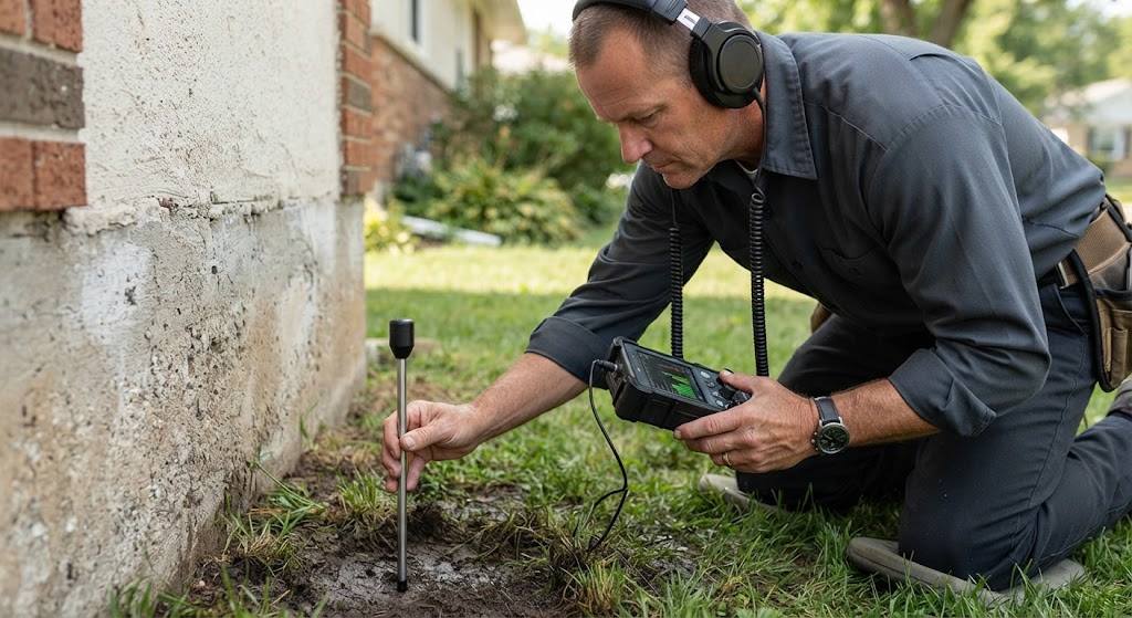 Specialist conducting sprinkler leak detection Monroe Township NJ on lawn irrigation lines